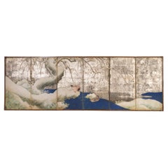 Japanese Six Panel Screen, Snowy Landscape with Wood Ducks and Willow on Silver
