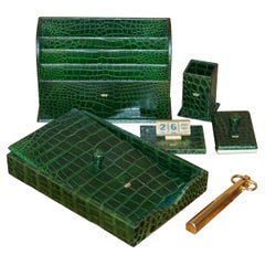Count Owned Asprey 24ct Gold Green Crocodile Leather 7 Piece Desk Set