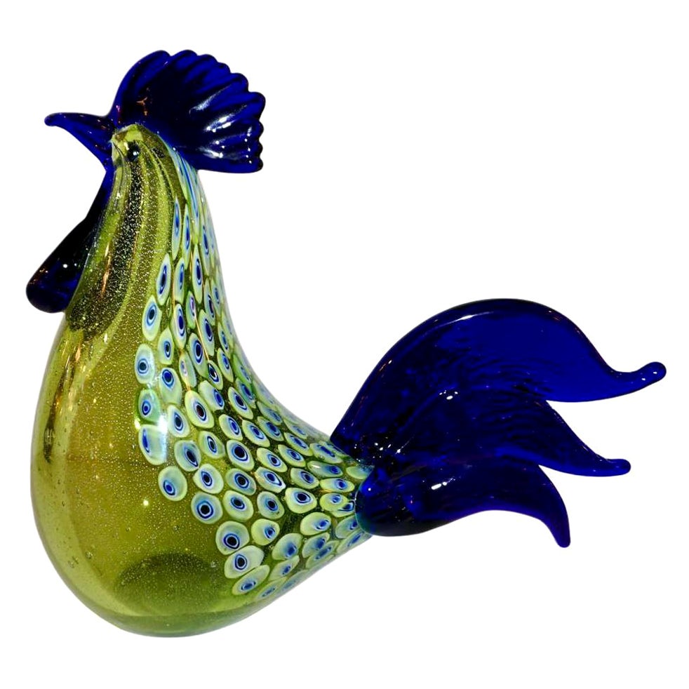 Seguso 1980 Italian Silver Navy Blue Apple Green Murano Glass Hen Bird Sculpture For Sale