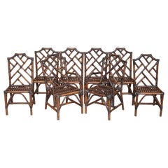 Eight Vintage Chinese Thomas Chippendale Bamboo Framed Cockpen Dining Chairs 8