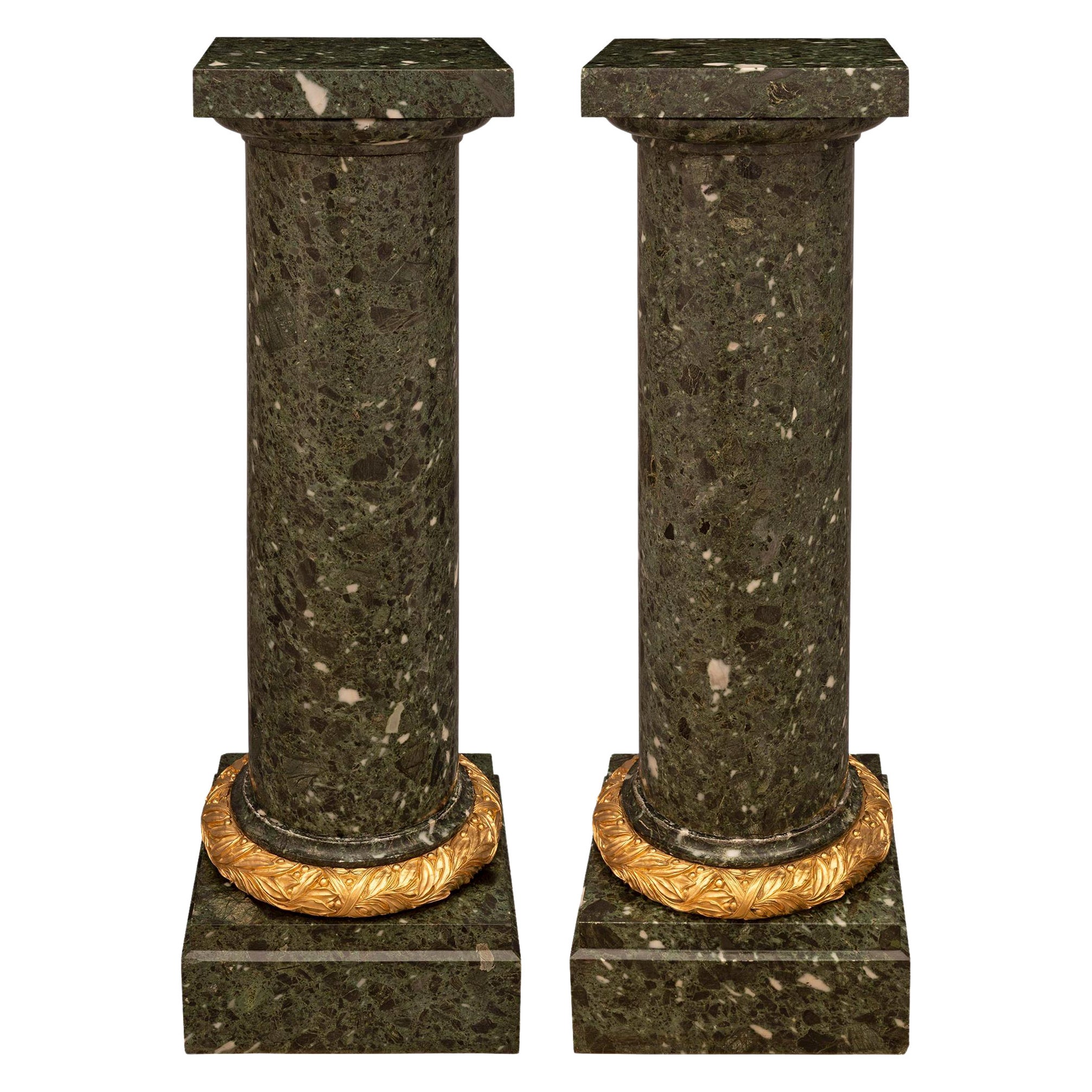 Pair of French 19th Century Louis XVI St. Marble and Ormolu Pedestal Columns For Sale