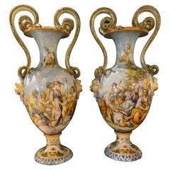 Pair of Italian Urbino Style Majolica Vases, Hand Painted