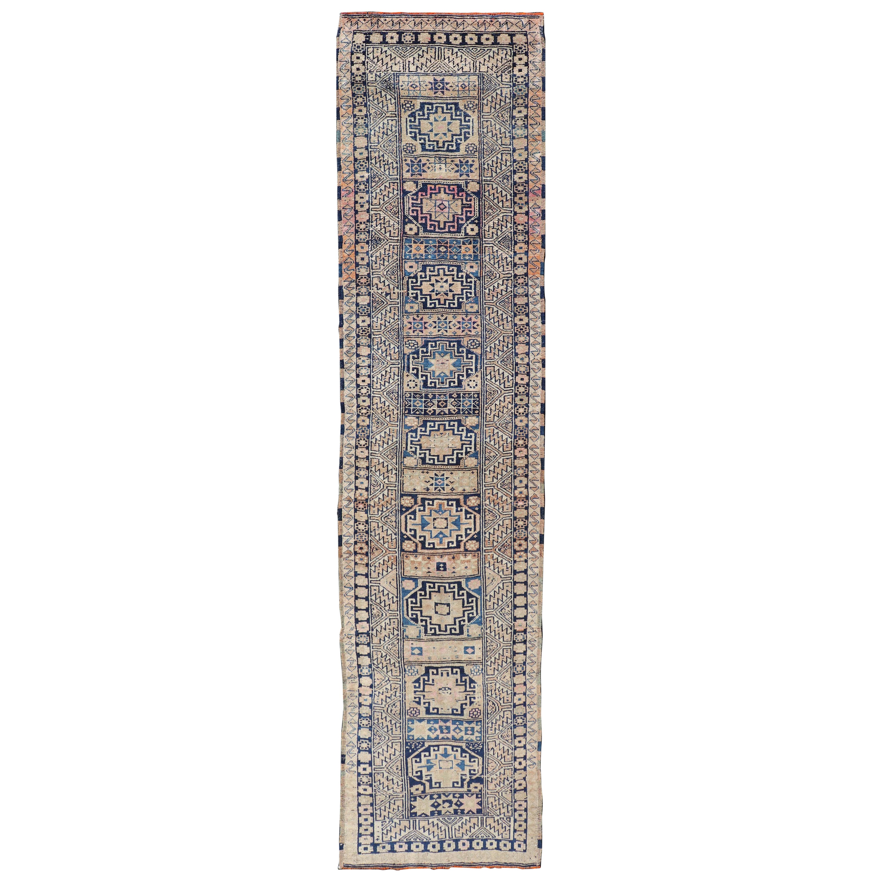 Vintage Oushak Turkish Runner with Geometric Design in Blues, Taupe, and Cream For Sale