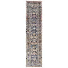 Vintage Oushak Turkish Runner with Geometric Design in Blues, Taupe, and Cream