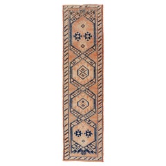 Tribal Medallion Design Vintage Turkish Runner in Orange and Navy Blue