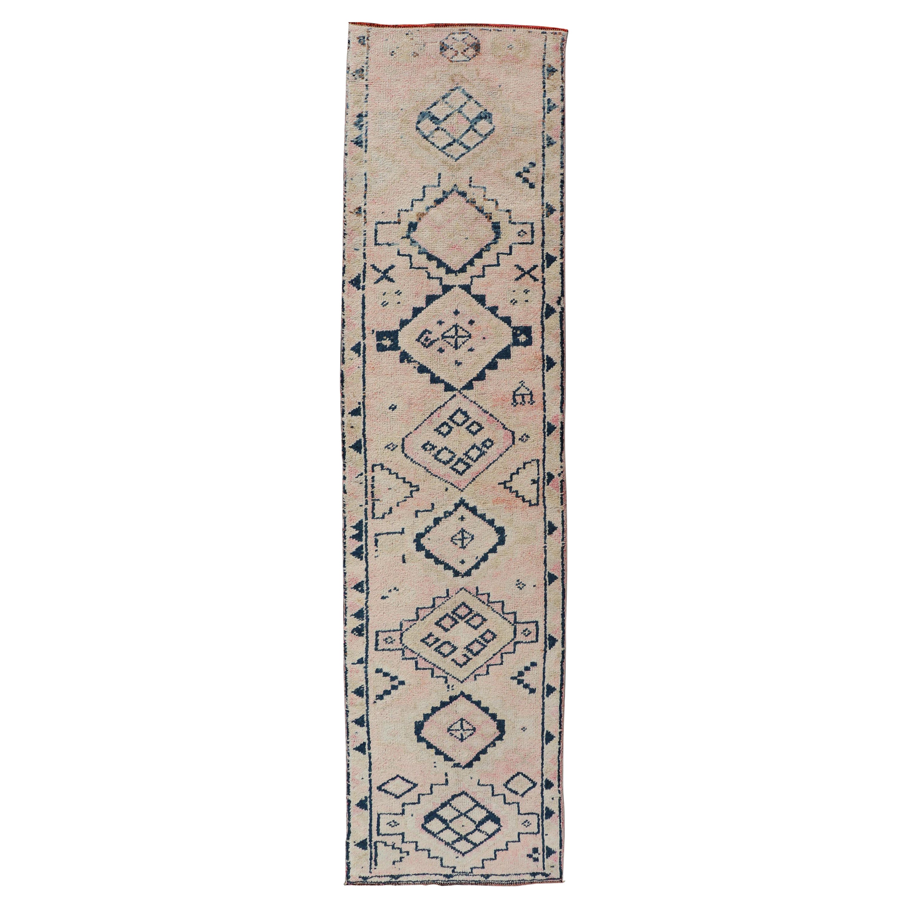 Vintage Hand Knotted Turkish Runner with Tribal Design in Muted Tones 