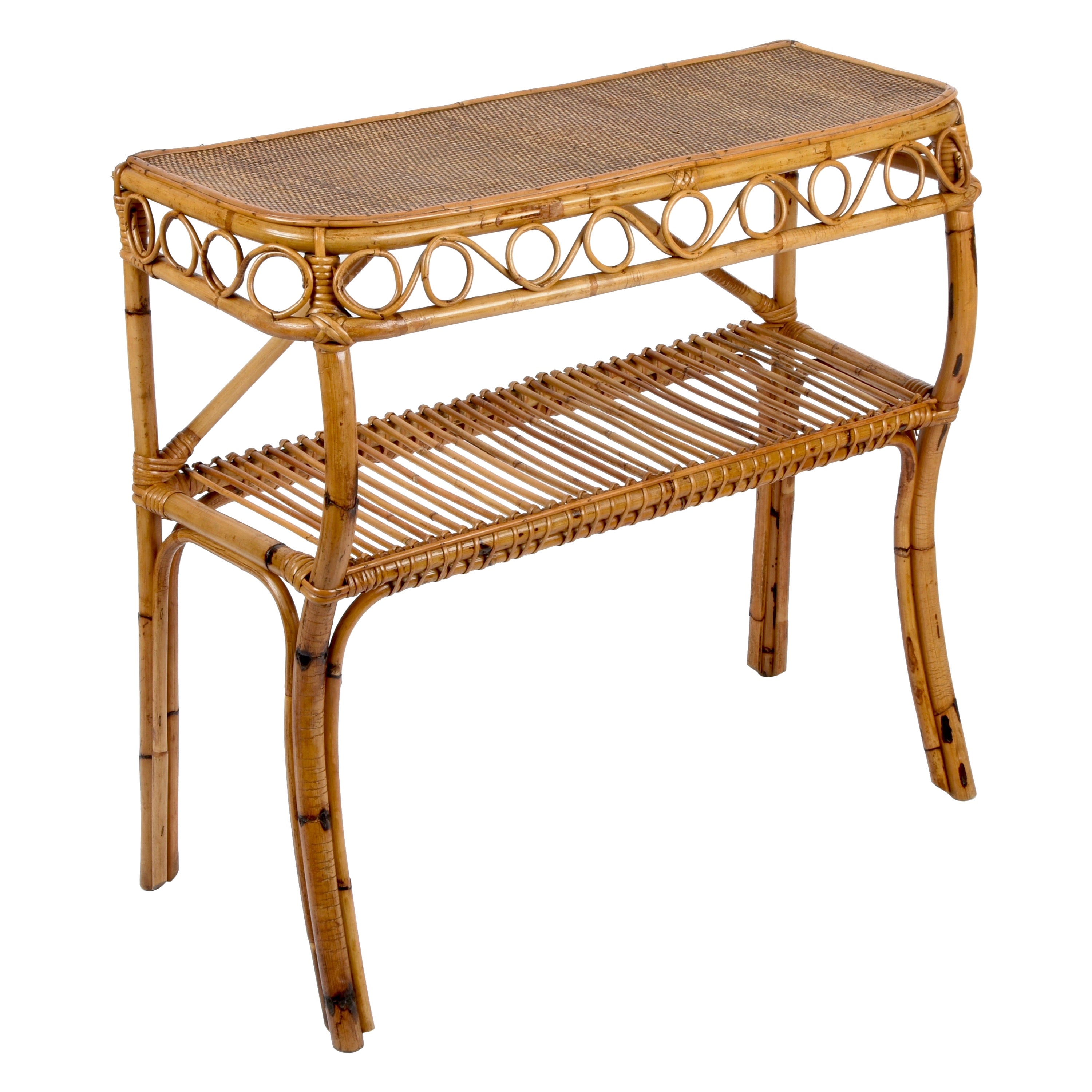 Midcentury Bamboo and Rattan Cocktail Console Table after Franco Albini, 1960s
