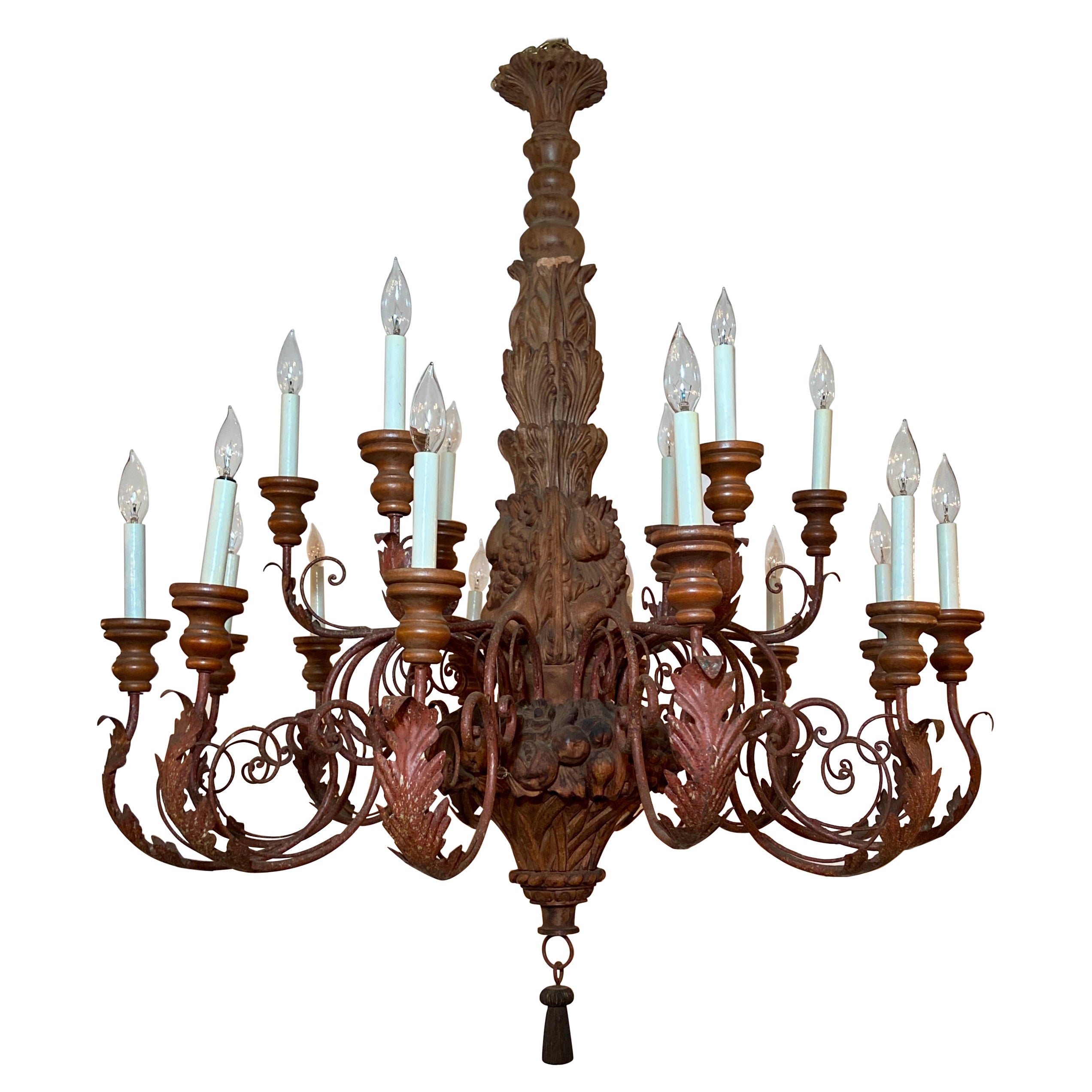 Large Estate Hand-Carved Wood and Wrought Iron 18-Light Chandelier  For Sale