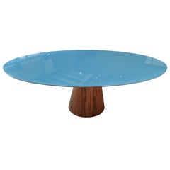 Custom Mid Century Style Walnut Oval Dining Table with Glass Top by Adesso
