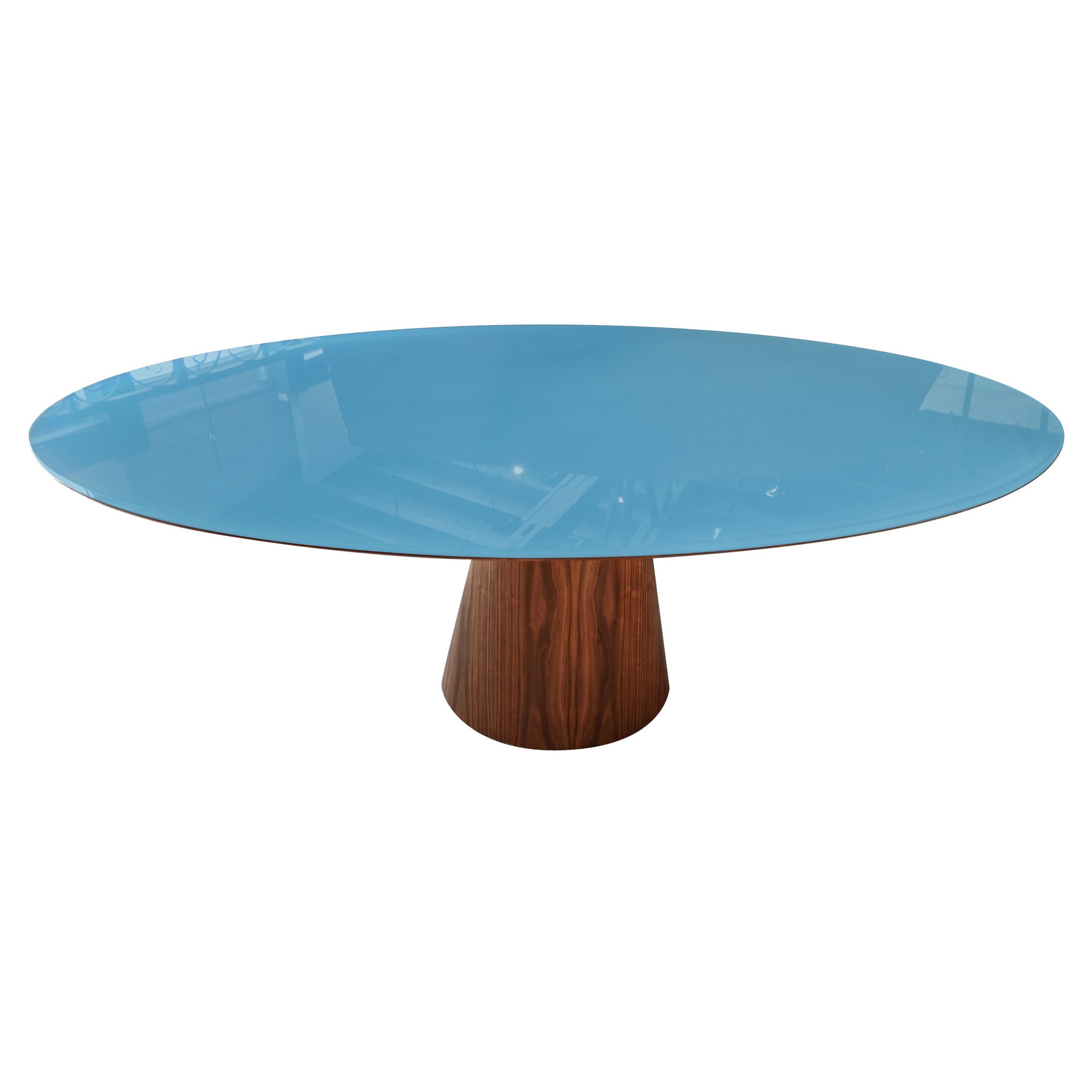 Custom Midcentury Style Walnut Oval Dining Table with Glass Top by Adesso For Sale
