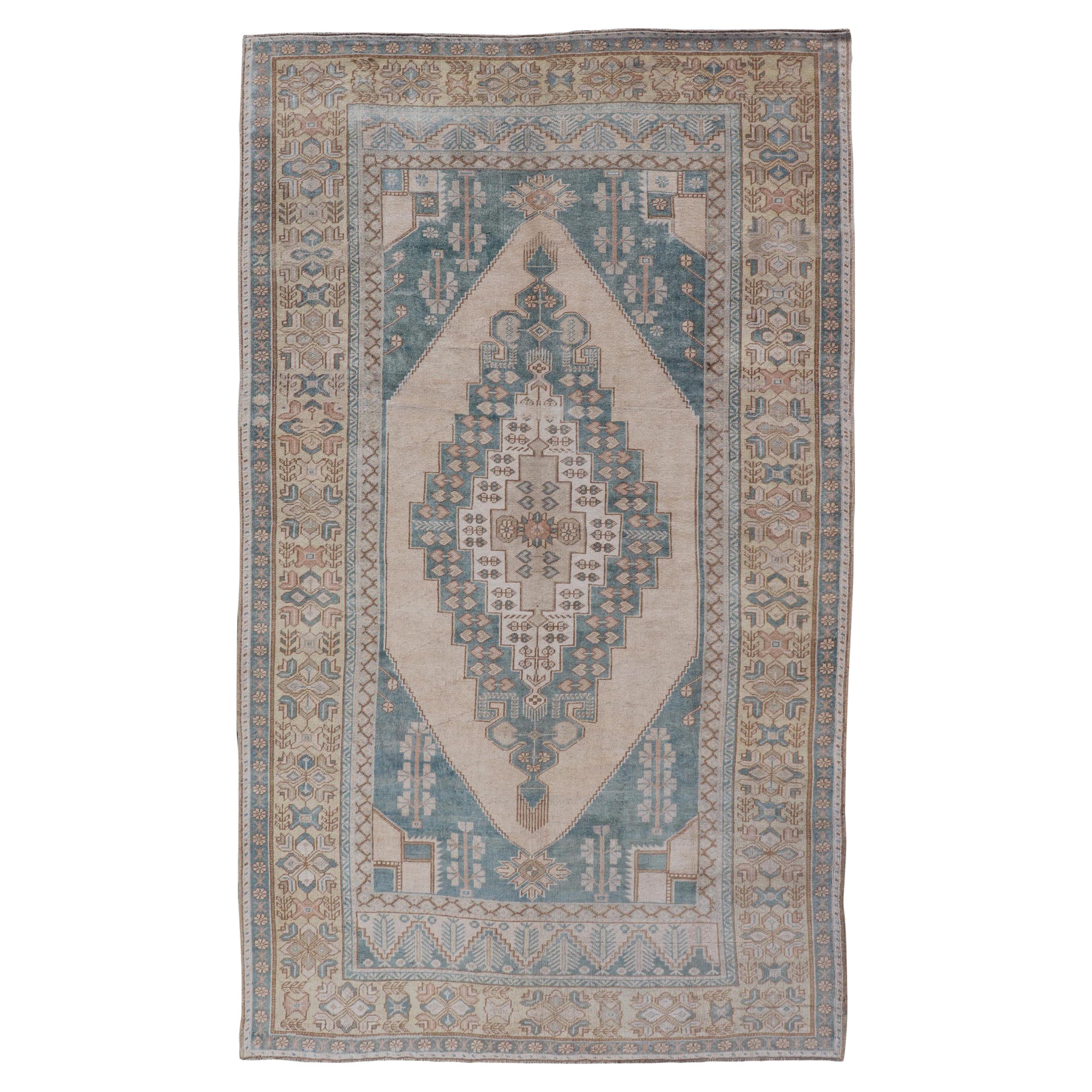 Turkish Oushak Vintage Carpet from Turkey in Light Yellow and Blue Tones For Sale