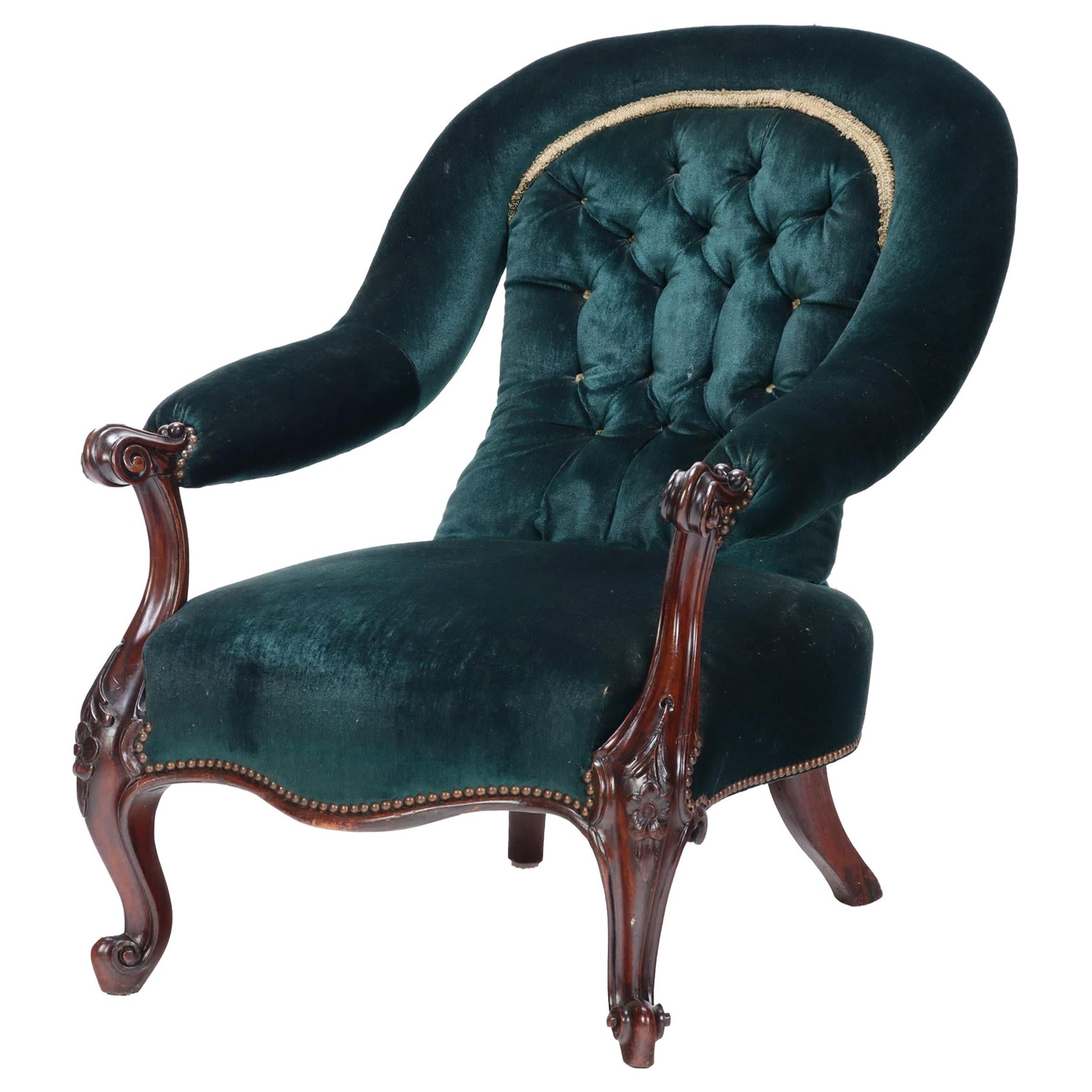 Imposing Velvet Upholstered Library Armchair with Continuous Arm, 19th C. For Sale