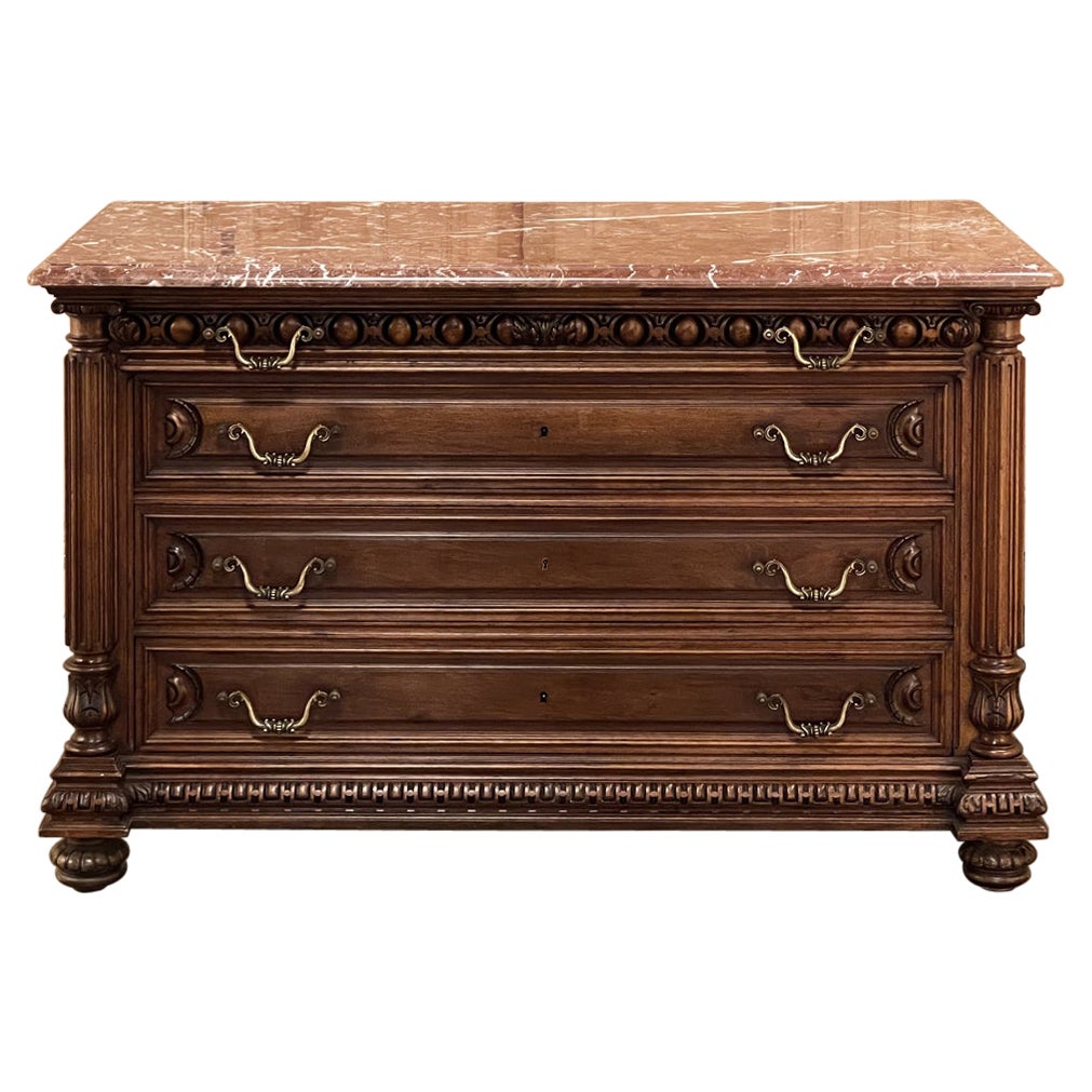 19th Century French Henri II Marble Top Walnut Commode For Sale