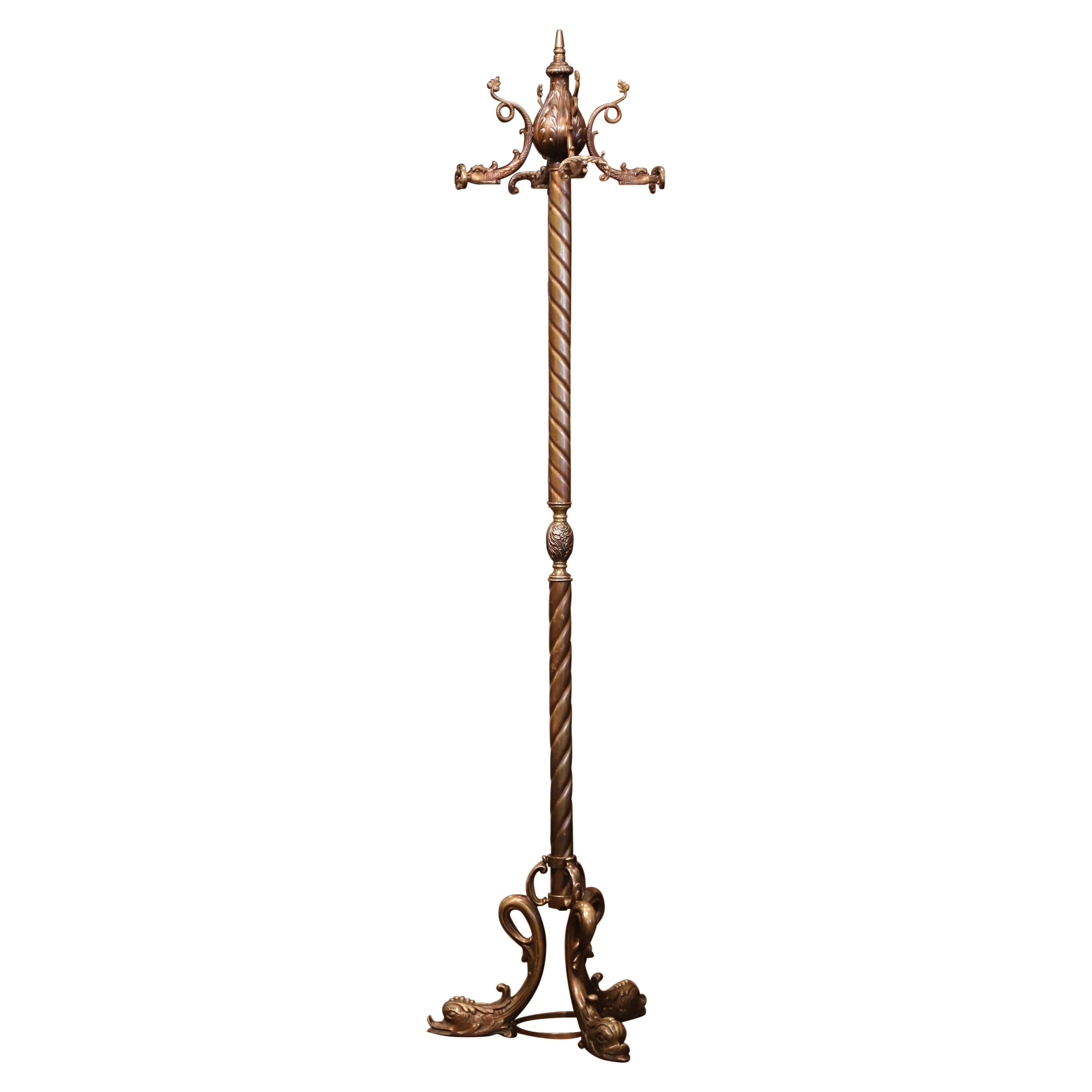 Early 20th Century French Gilt Brass Swivel Dolphin Standing Hall Tree