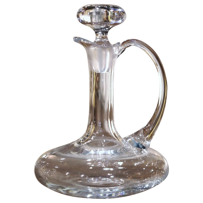 MidCentury French Glass Wine Carafe Decanter with Stopper and Handle