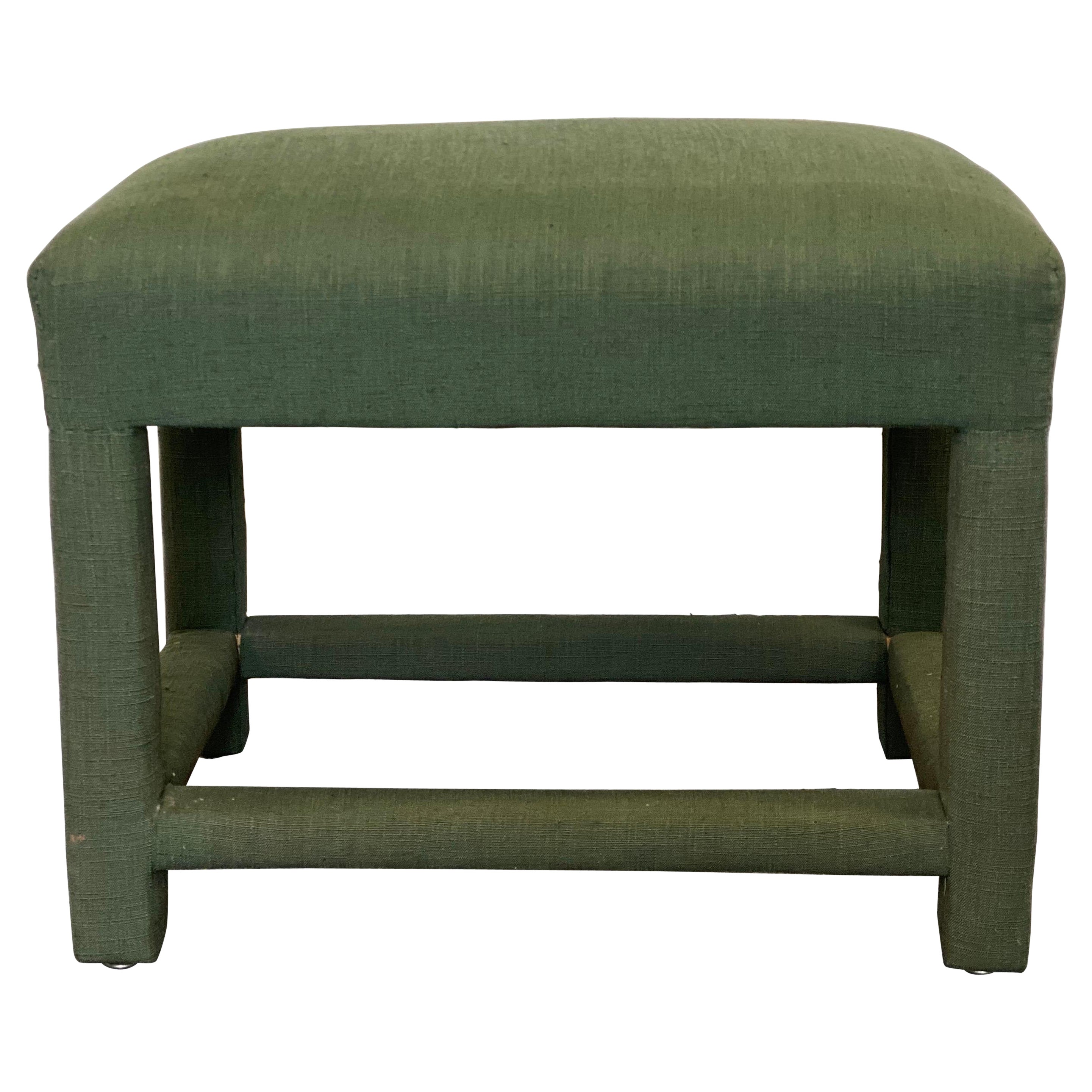 Custom Upholstered Green Linen Wrapped Stool For Sale