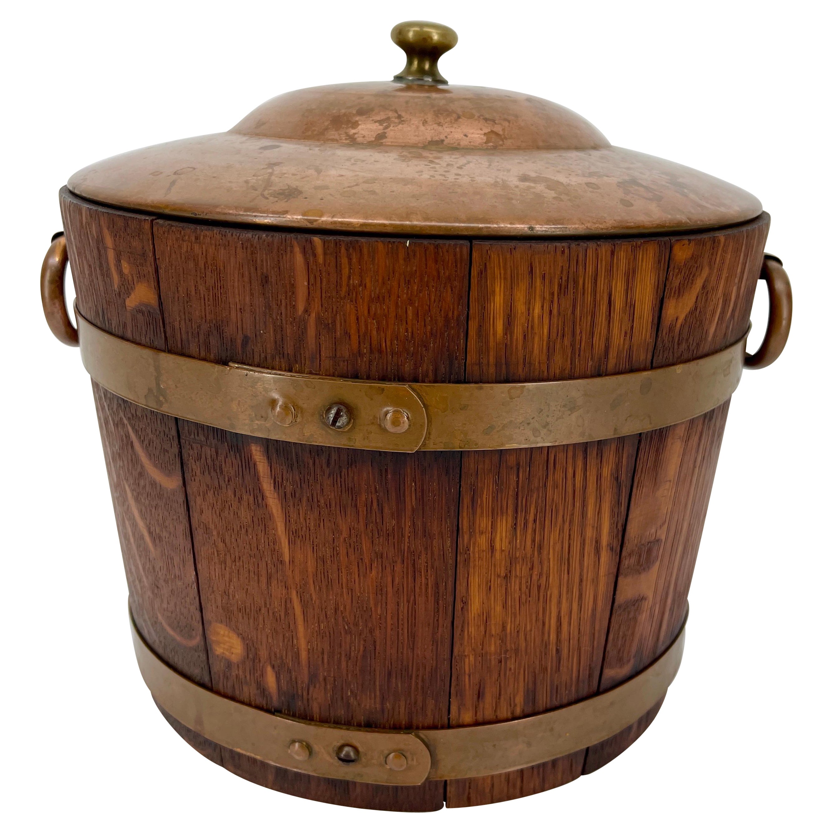 Antique English Edwardian Wood and Brass Ice Bucket