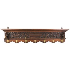 Antique French Hand-Carved Oak and Brass Wall Coat Rack with Lion Heads, 1900s