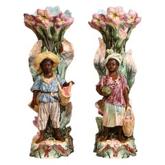 Pair of 19th Century French Hand-Painted Barbotine Blackamoor Vases