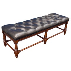 Large Scale Ralph Lauren Style Tufted Black Leather and Mahogany Bench