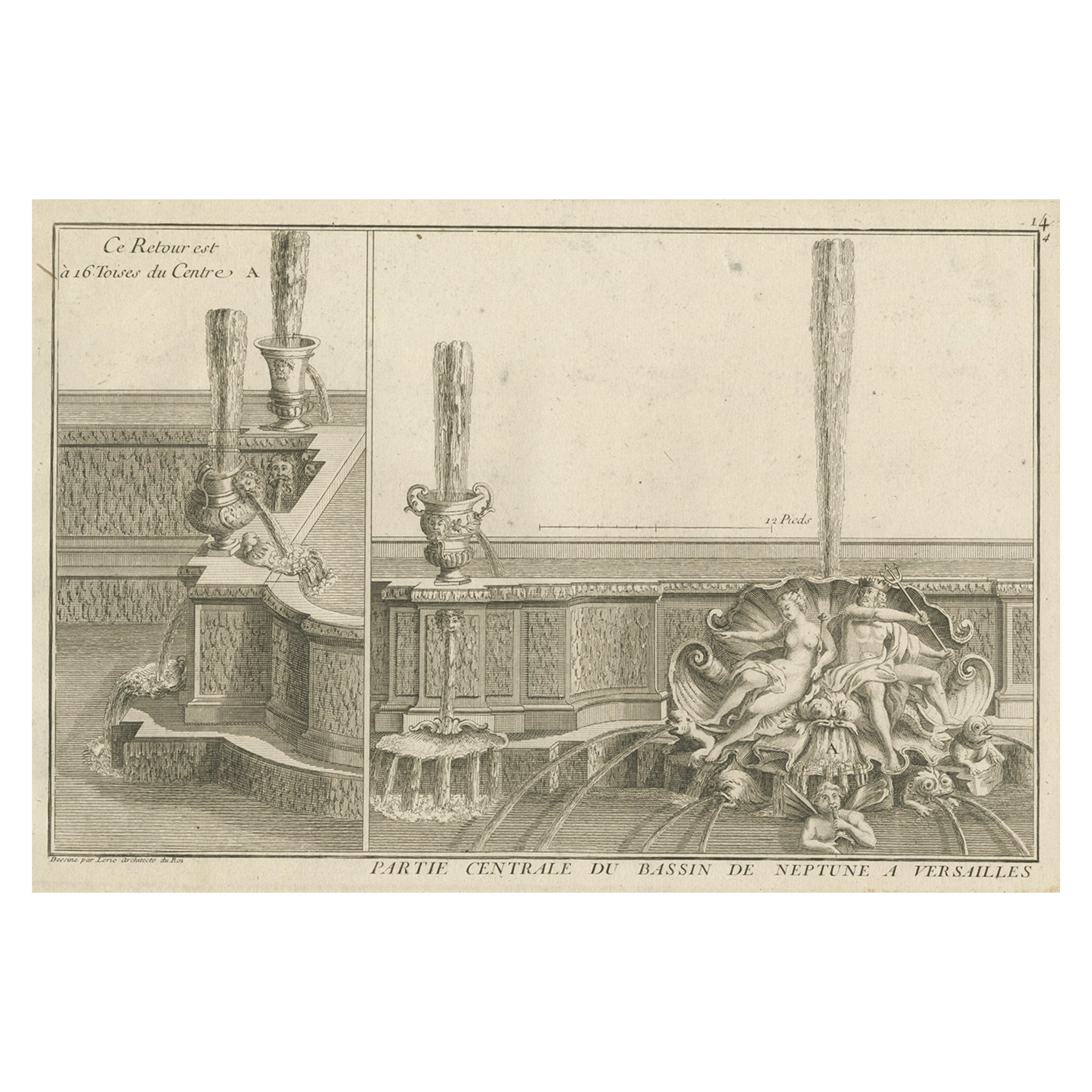 Antique Print of the Neptune Fountain of Versailles, Paris, France, 1776 For Sale