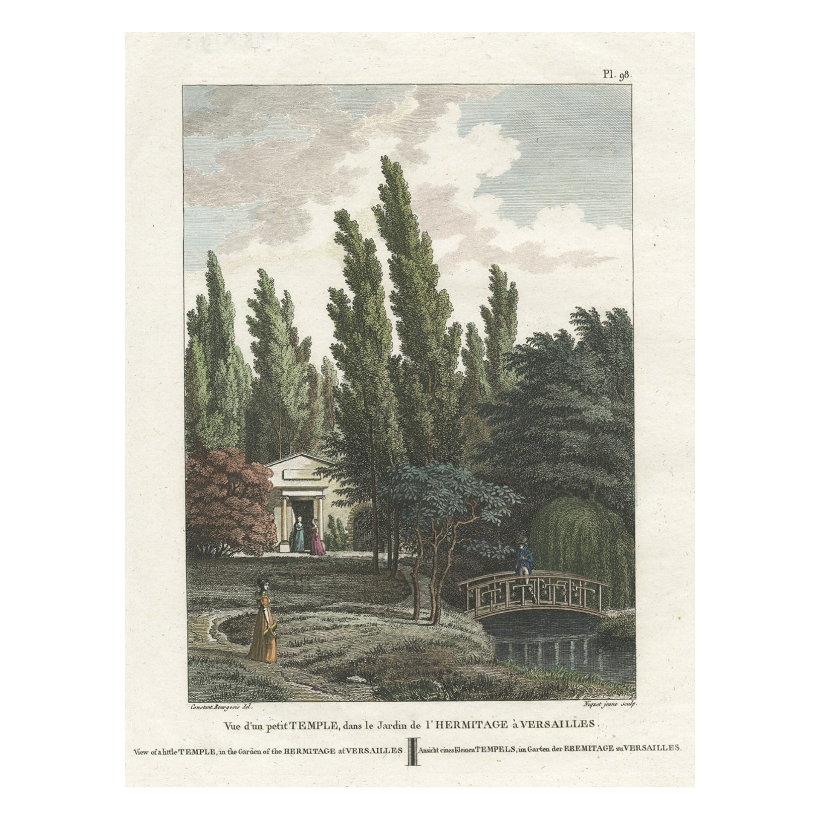 View of a Temple in the Garden of the Hermitage at Versailles, France, 1808 For Sale