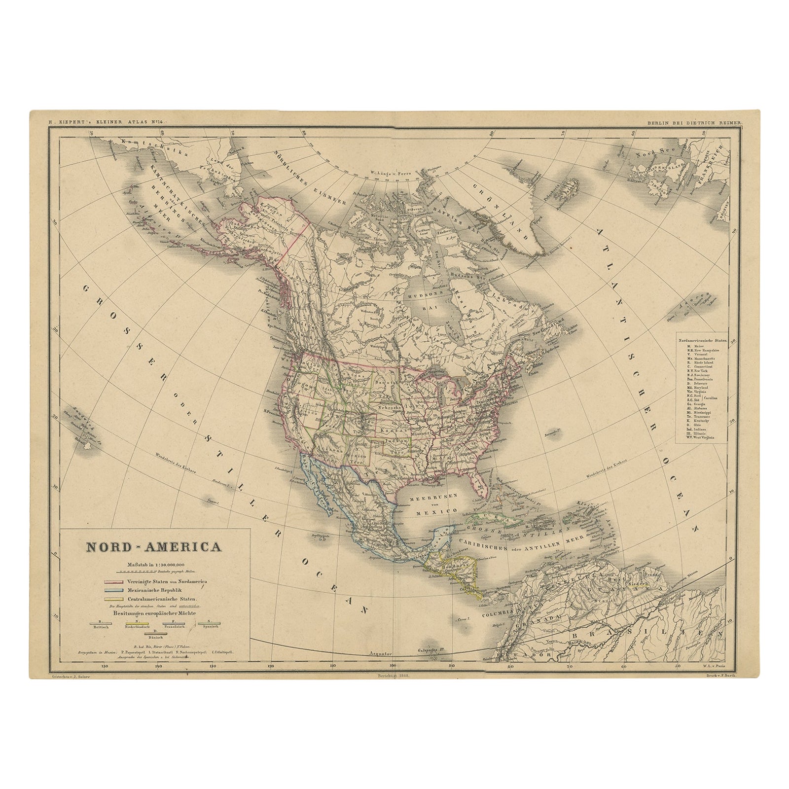 Old Original Antique German Map of North America, ca.1870 For Sale