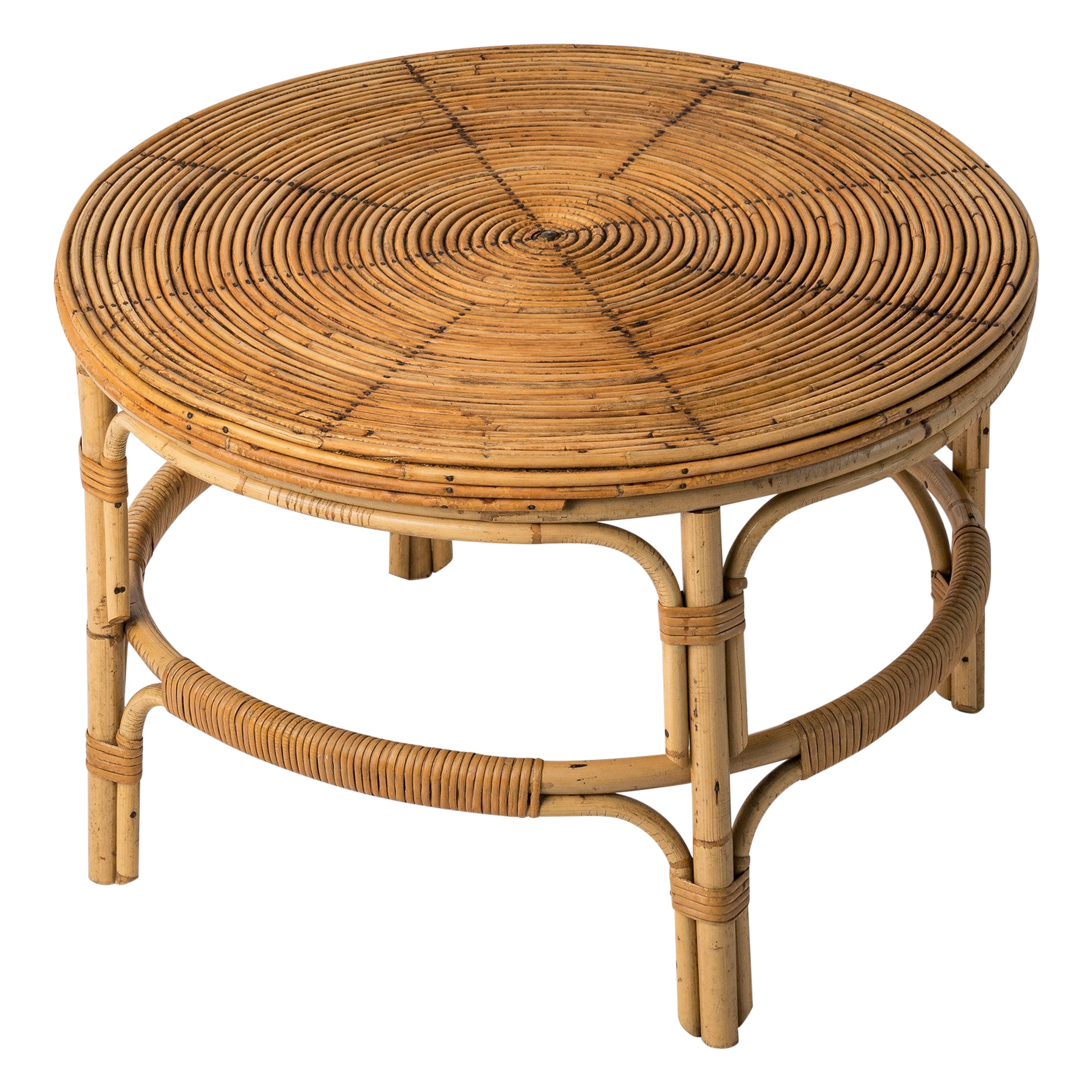 Mid-Century Round Rattan Table in the Style of Audoux Minnet, France, 1960's