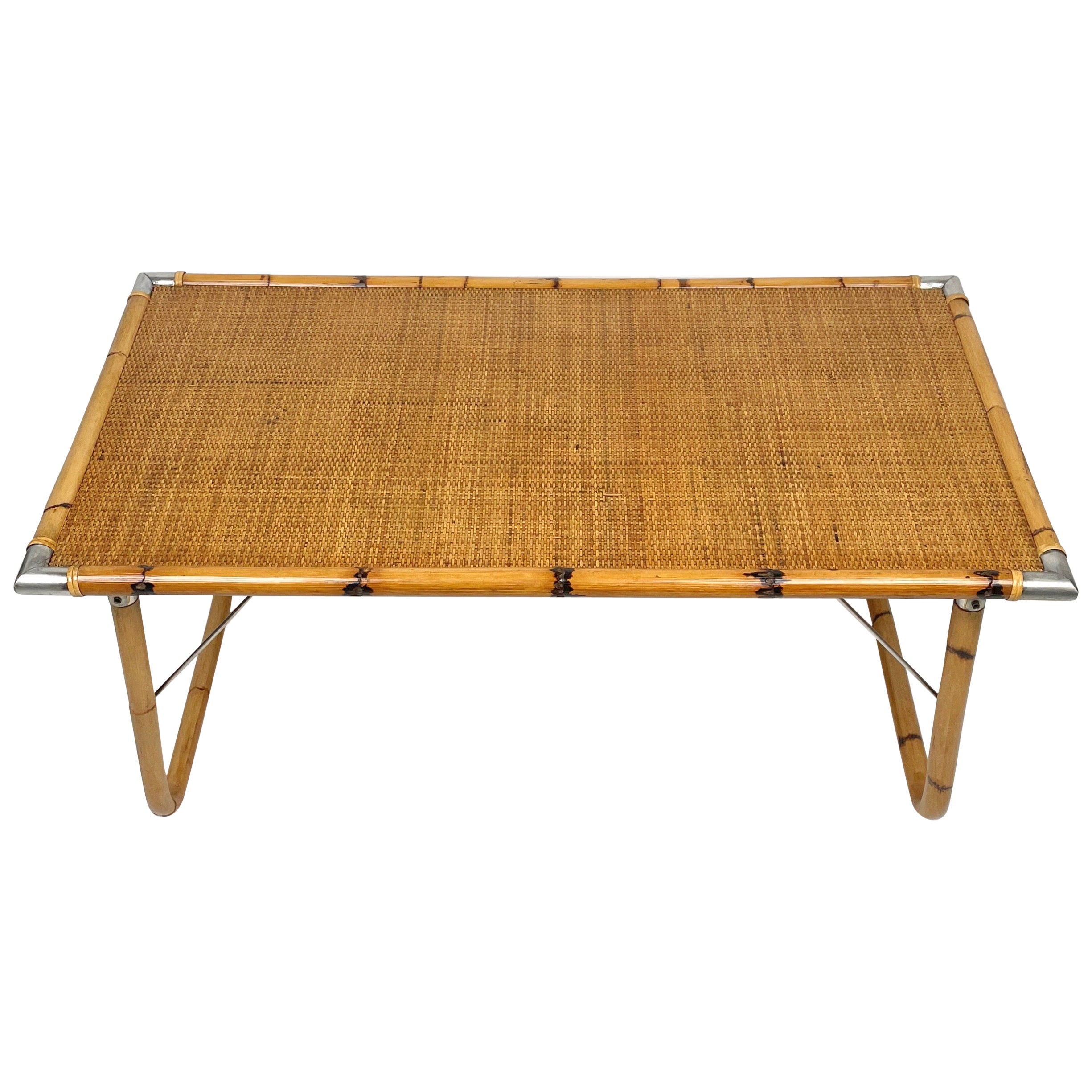 Folding Coffee Table in Bamboo, Rattan, Wicker and Steel Corner, Italy, 1970s For Sale