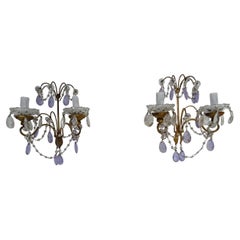 Antique French Beaded Purple Lavender Prisms Crystal Sconces, 1900