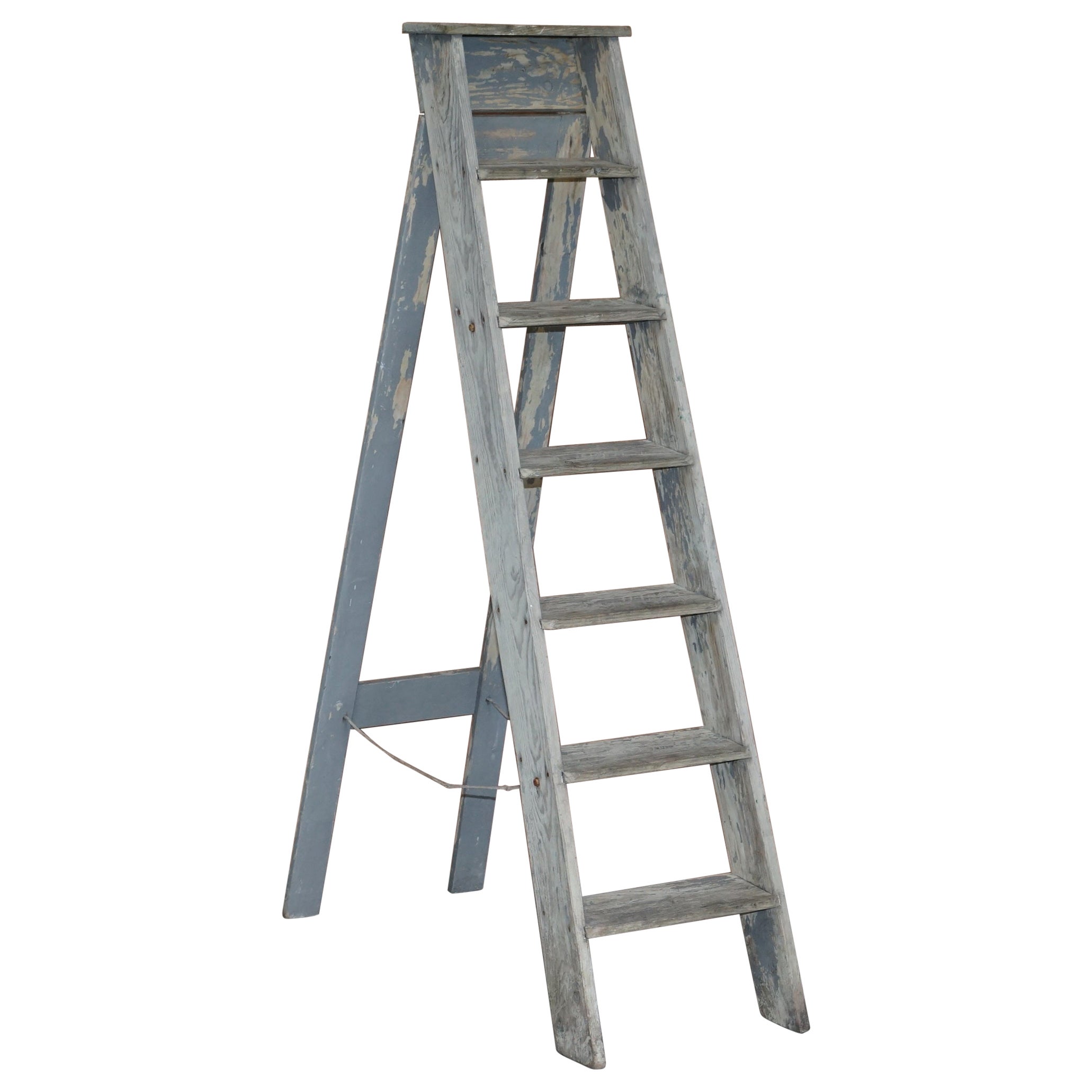 Vintage Pitch Pine circa 1920's Original Aqua Blue Paint Decorators Ladder For Sale