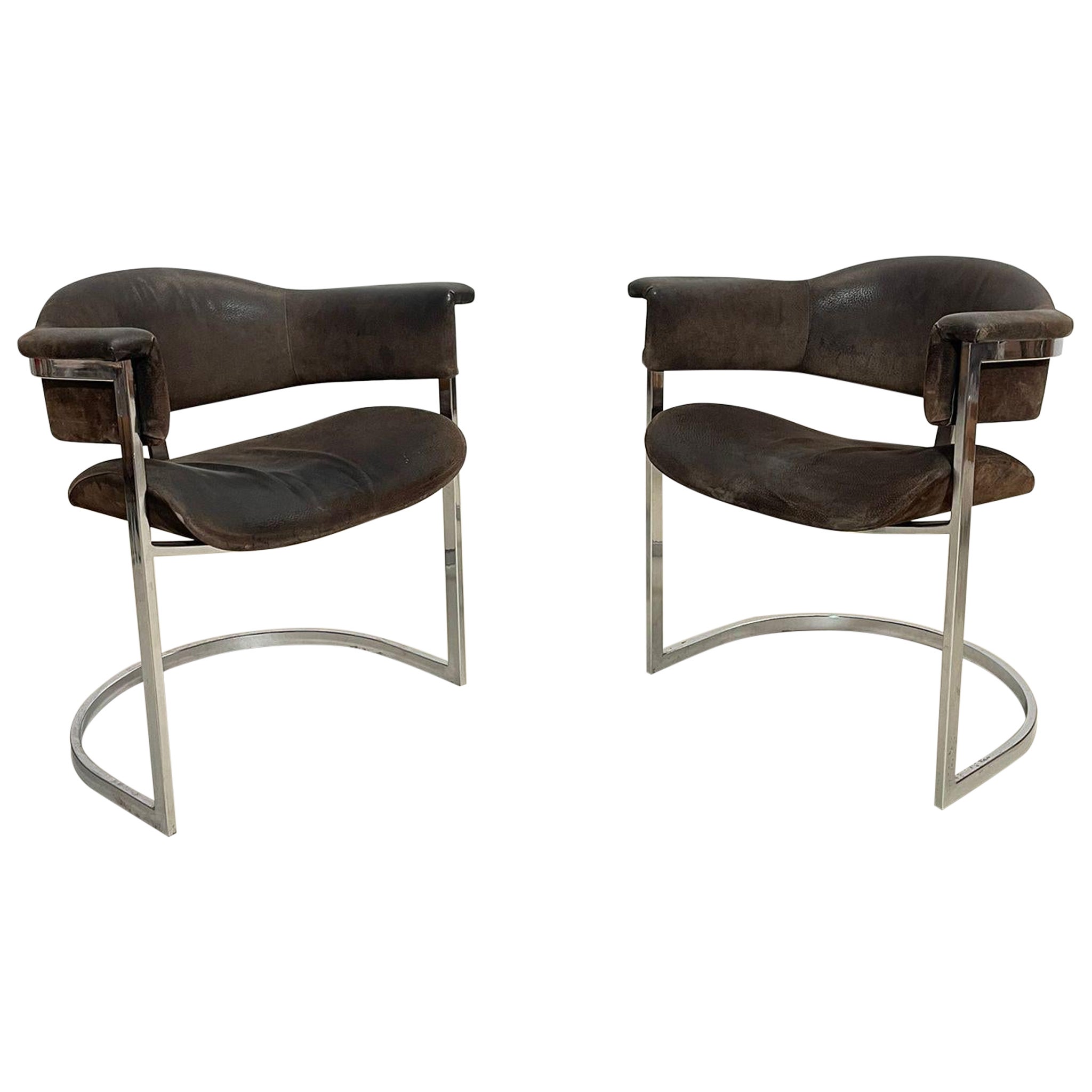 Pair of Chrome & Leather Armchairs by Vittorio Introini for Mario Sabot, 1970s For Sale