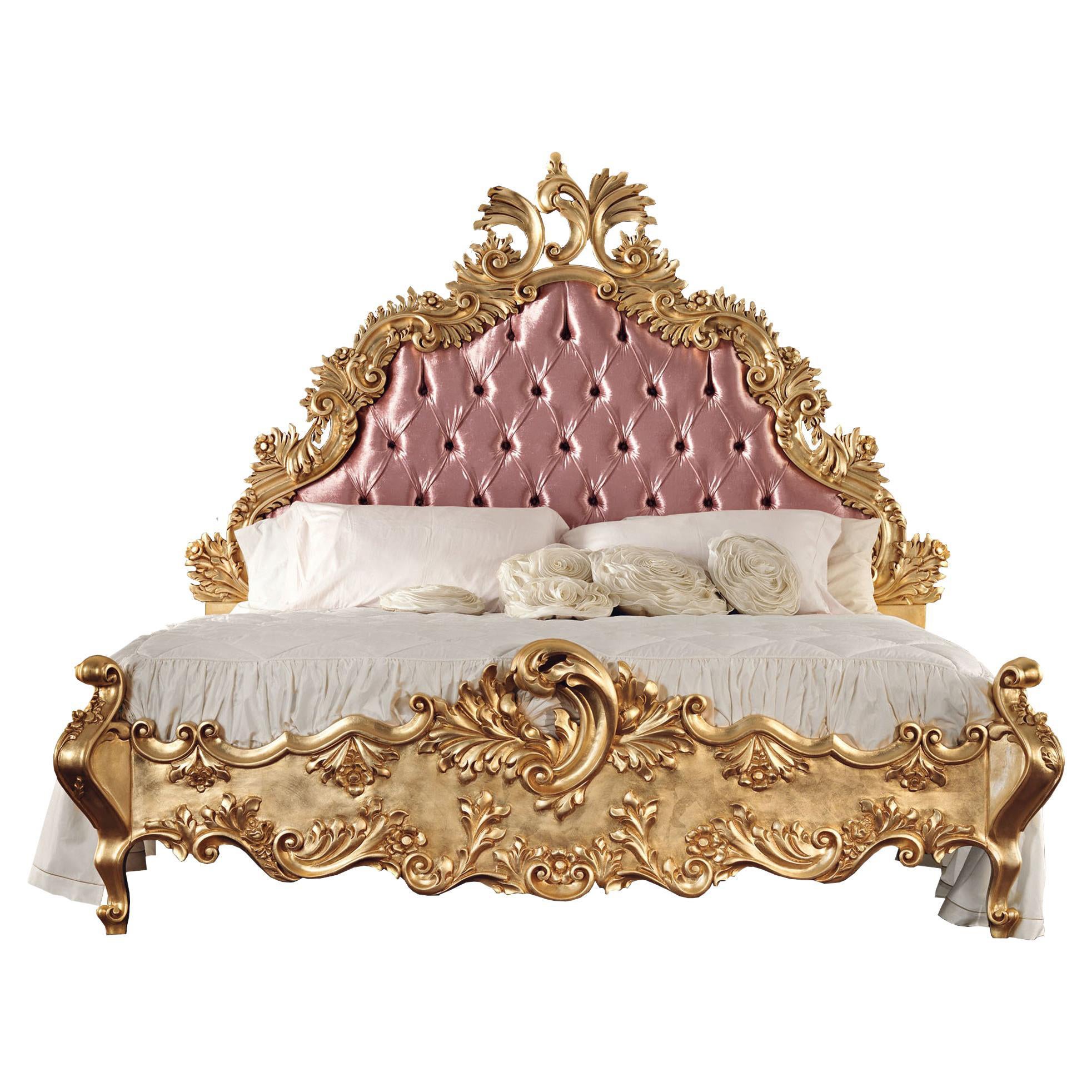 21st Century Baroque Double Bed in Gold Leaf Finish and Upholstery by Modenese For Sale