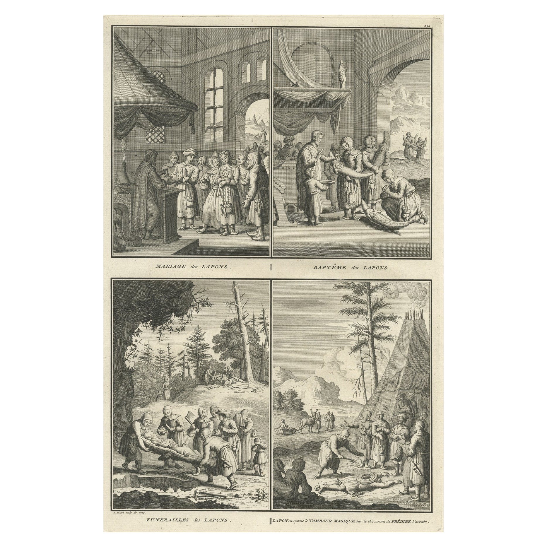 Print of Various Ceremonies 'Marriage, Funeral, Baptism, Magic' of Finland, 1726