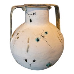 Modern Designer Spanish White Ceramic Vase w/ Hand Painted Insects & Flowers