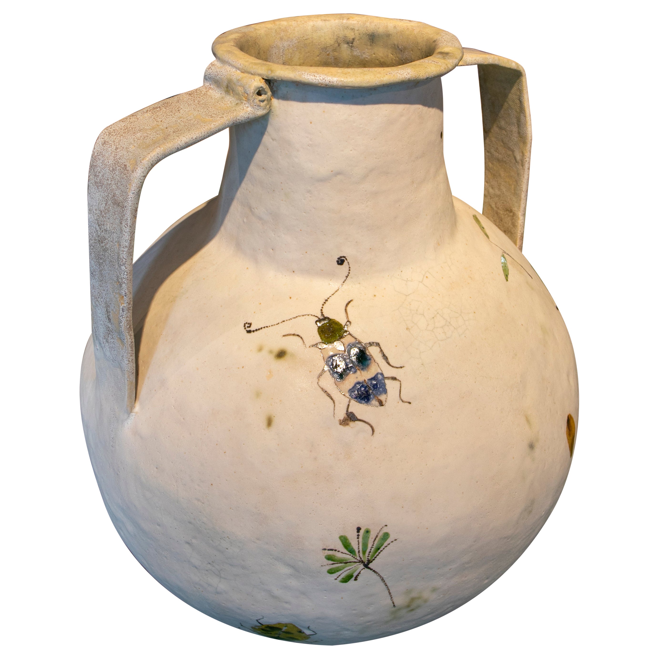 Modern Designer Spanish White Ceramic Vase w/ Hand Painted Insects and