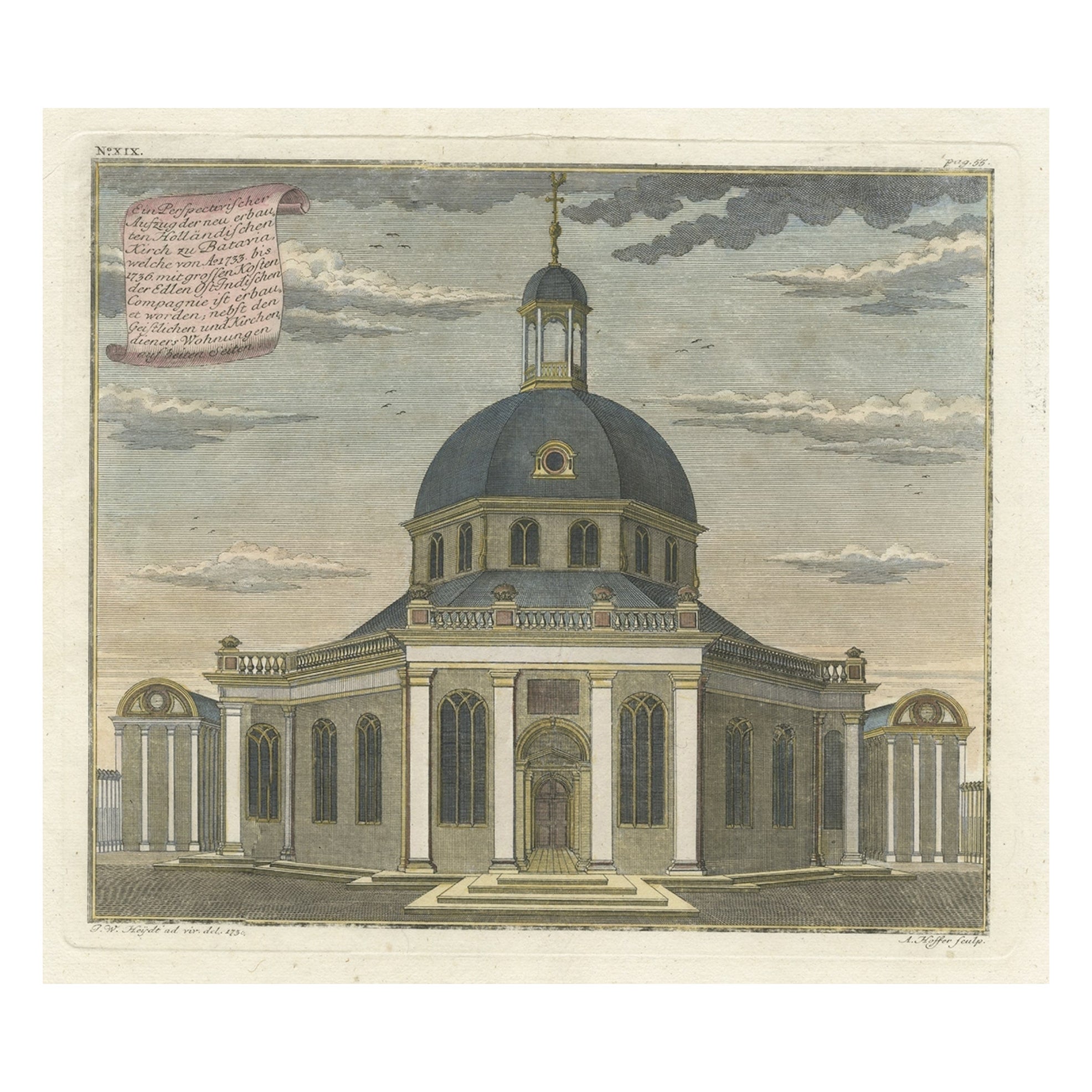 Old Print with a View of the Dutch Church in Batavia 'Jakarta, Indonesia', 1738 For Sale