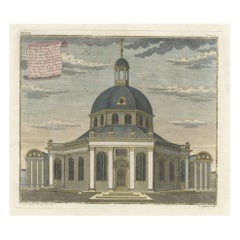 Old Print mit einer Ansicht der niederländischen Kirche in Batavia „Jakarta, Indonesien“, 1738