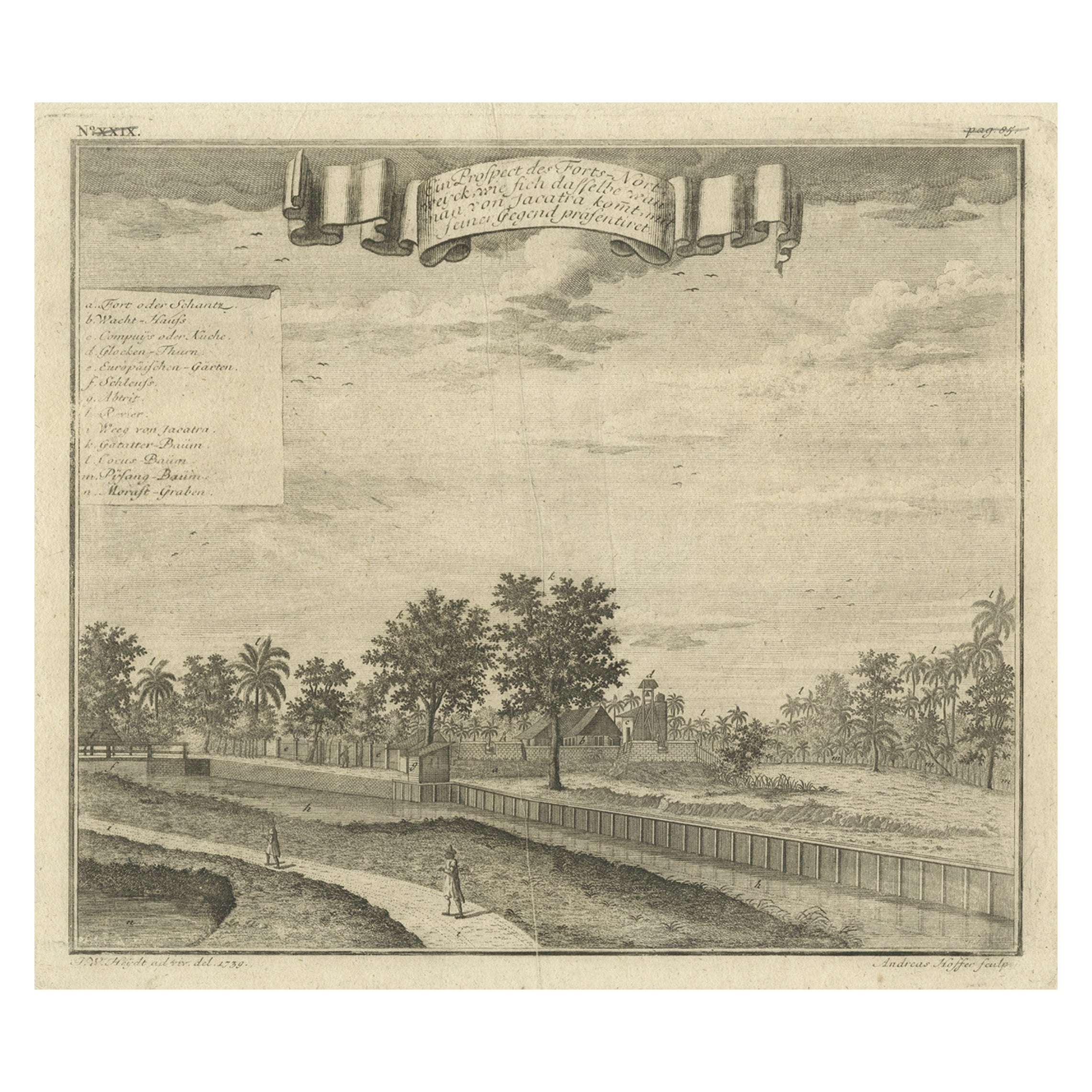 Old Antique Print of Fort Noordwijk, Batavia in the Dutch East Indies, 1739