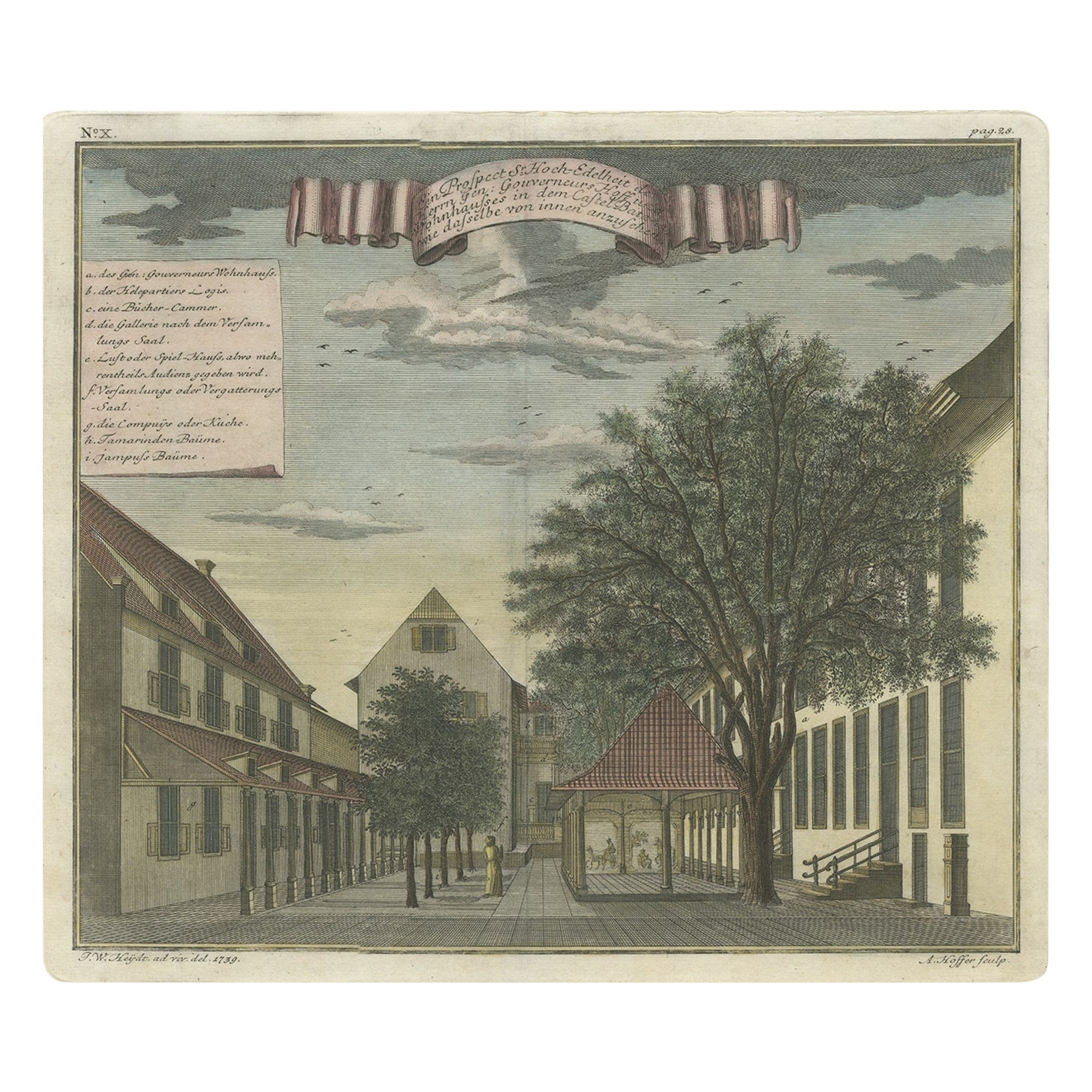 Ancienne estampe de la résidence du gouverneur-général à Batavia, Indonésie, 1739