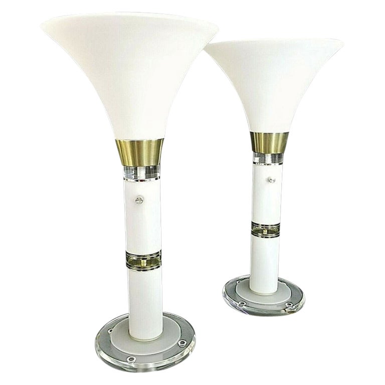 Pair of 70's Karl Springer Style Torchier Table Lamps For Sale