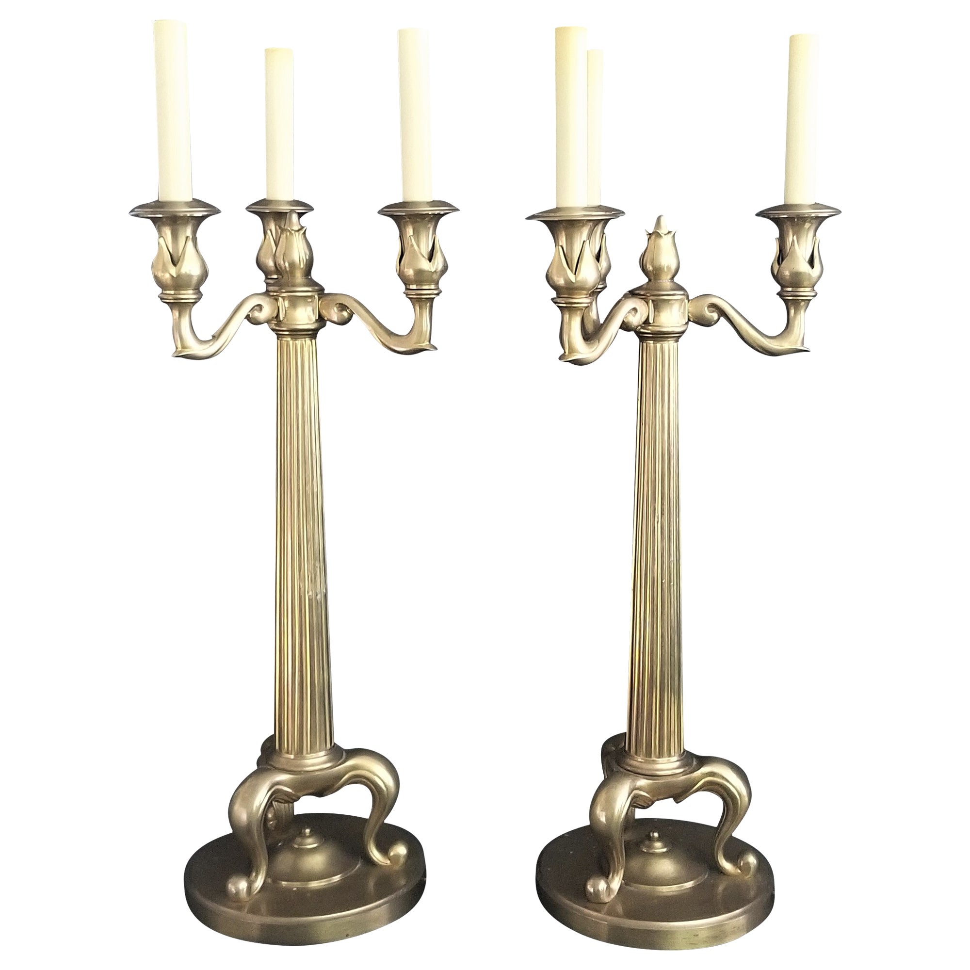 Chapman Heavy Brass Candelabra Fluted Column Table Lamps For Sale