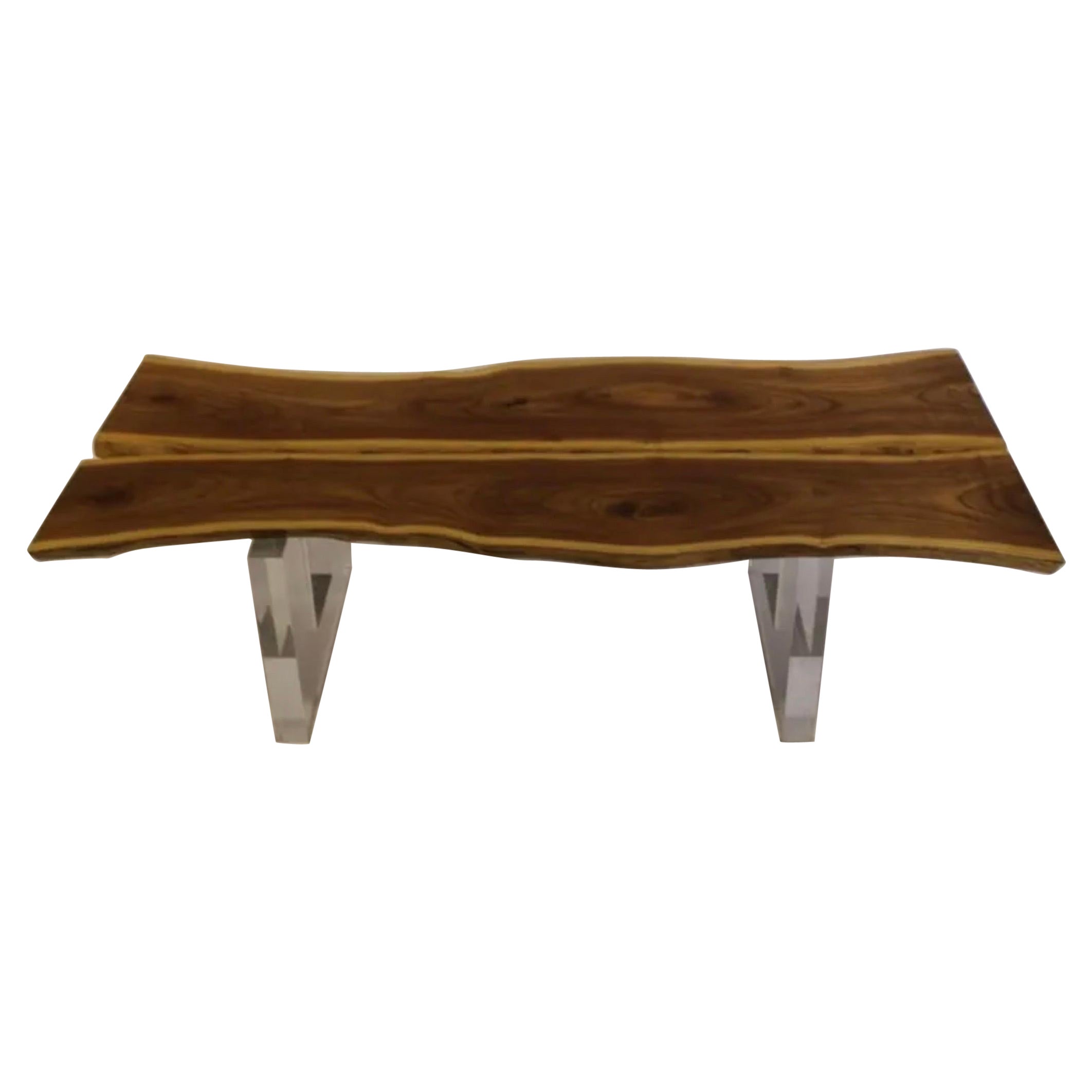 Large Mid Century Modern Lucite Feet Natural Wood Coffee Cocktail Tables Bench For Sale