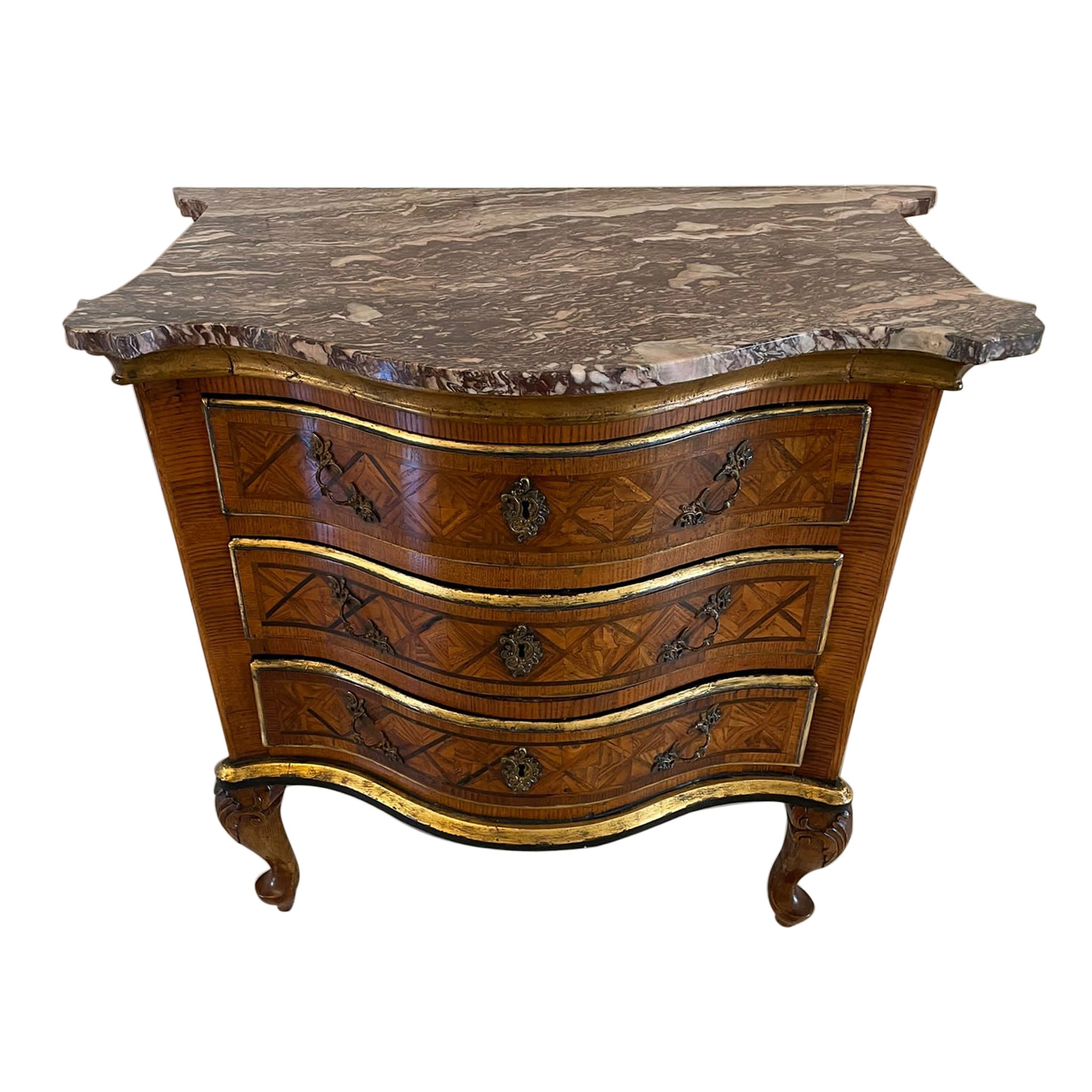 Antique Quality Parquetry Inlaid Serpentine Shaped Marble Top Commode Chest For Sale