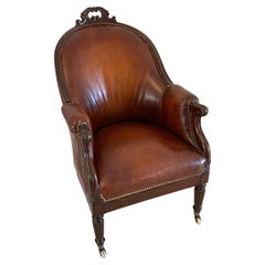Outstanding Quality Antique Regency Carved Mahogany and Leather Library Chair