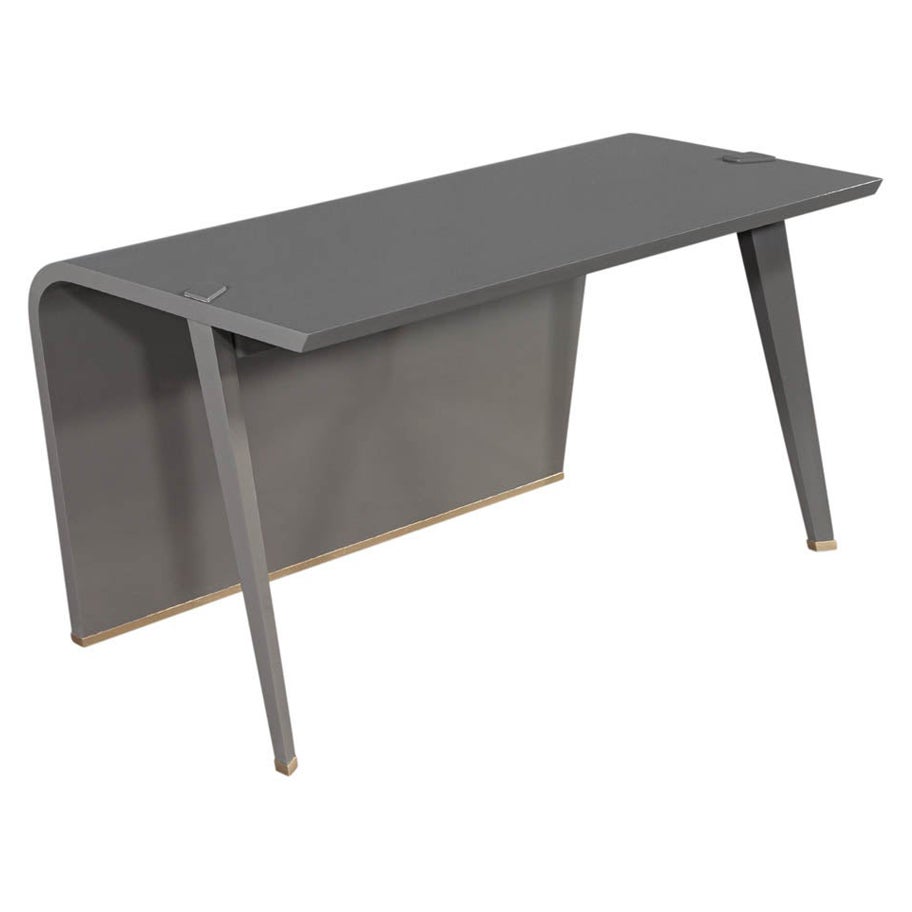 Modern Waterfall Desk in Custom Grey Hand Polished Finish For Sale
