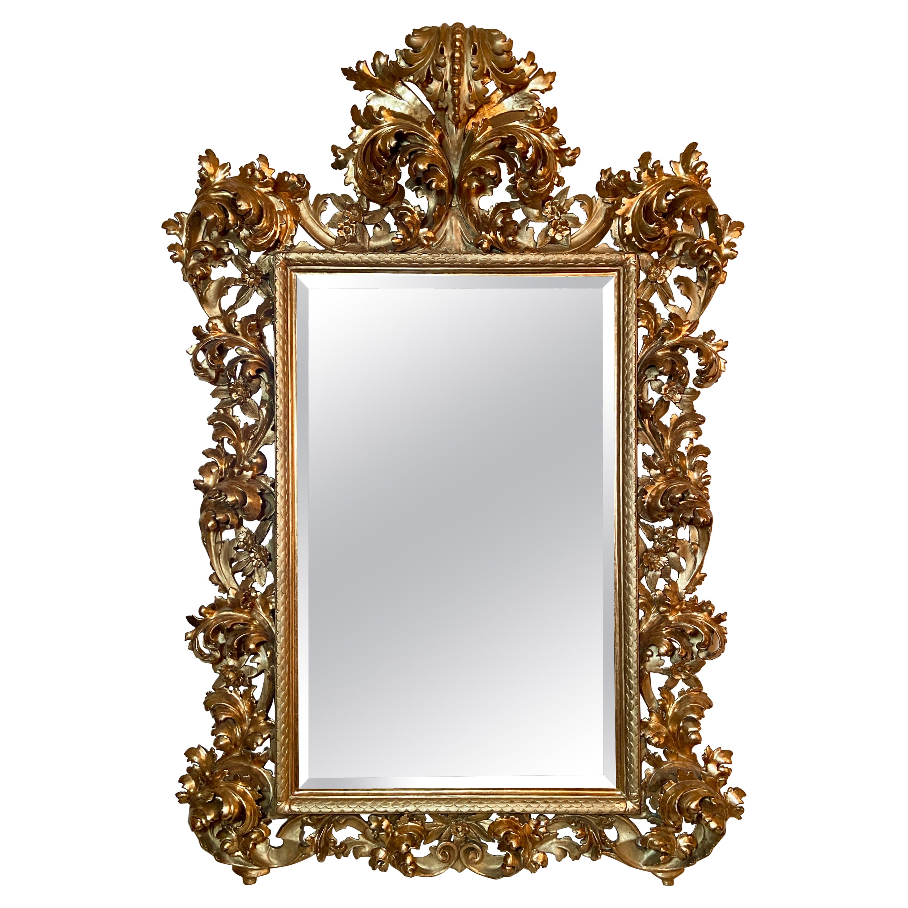 Antique 19th Century Carved Wood with Gold Leaf Beveled Mirror, Circa 1880-1890