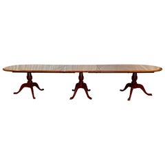 Estate English Burled Walnut 3 Pedestal Dining Table