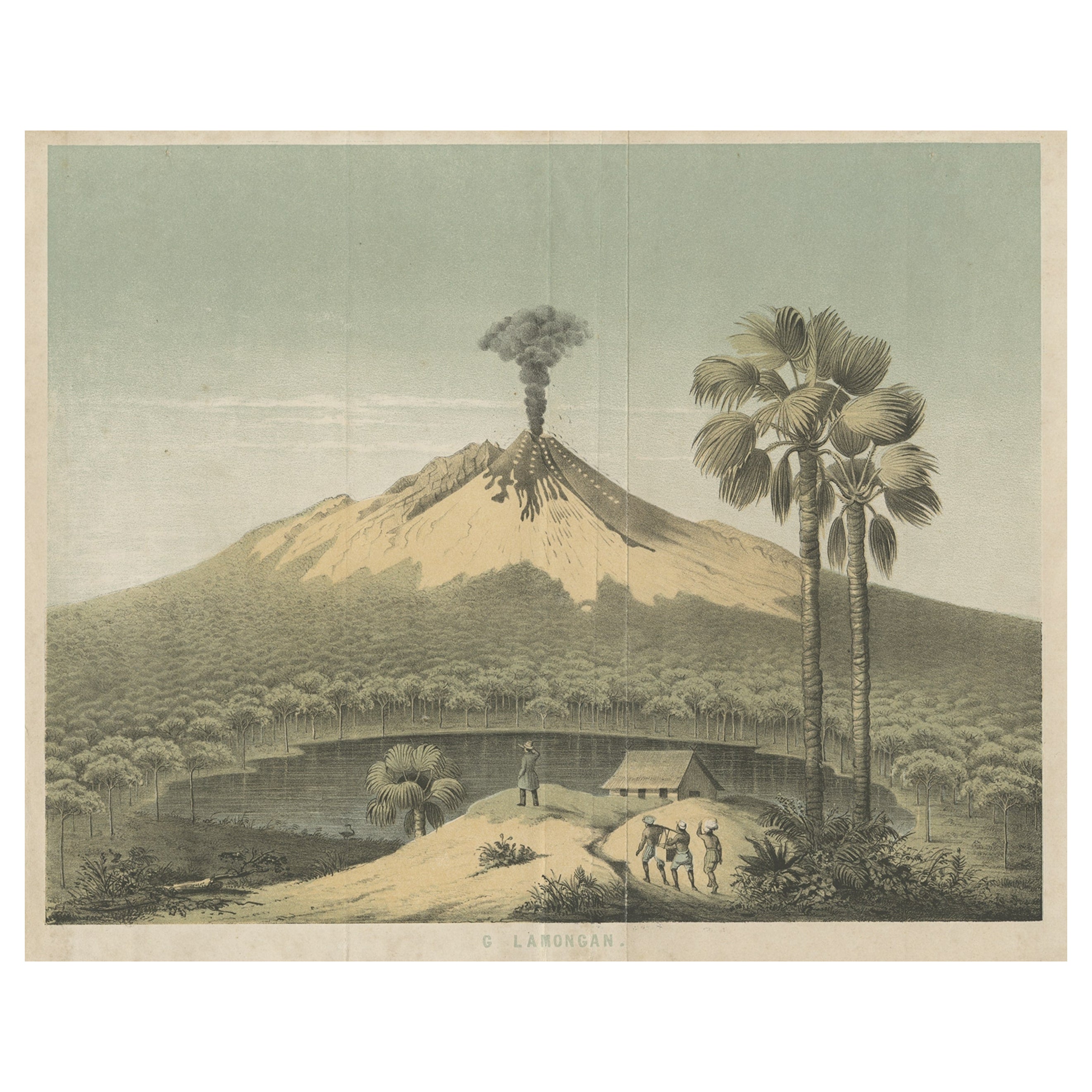 Beautiful Lithograph of The Vulcano Gunung Lamongan, Java, Indonesia, c.1853 For Sale