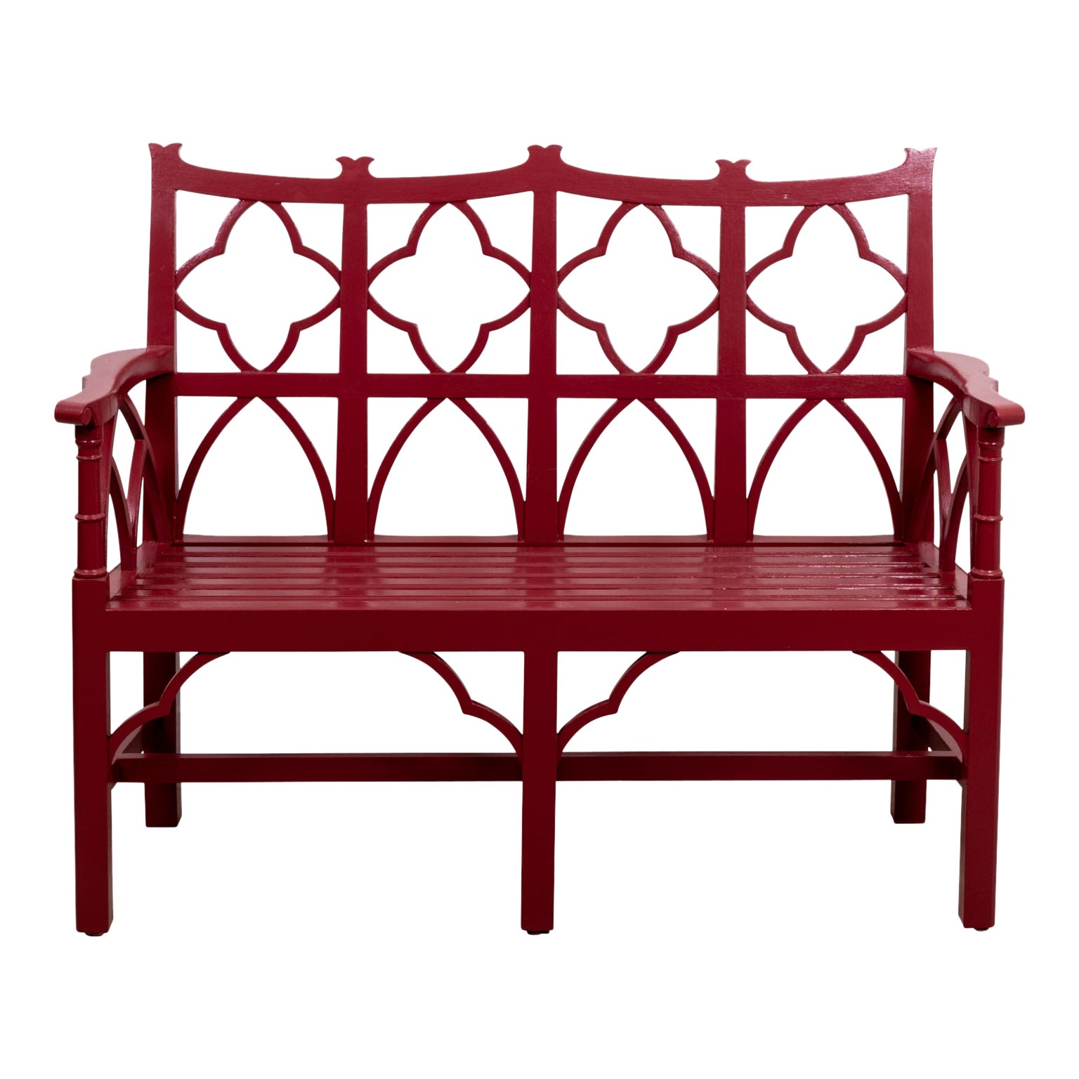 Red Chinese Chippendale Style Painted Bench